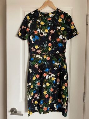 ERDEM Essie Black Floral Short-sleeve Knee-length Dress (US 8 / UK 12)
